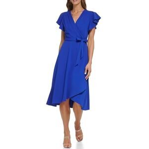 DKNY Flutter Sleeve Faux Wrap Scuba Crepe Dress in Iris, Size 10